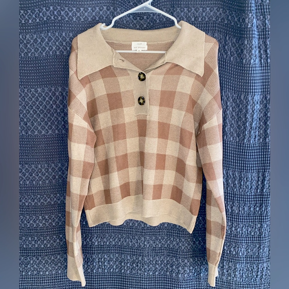 Cozy Life Blu Pepper Brown Plaid Sweater Size M